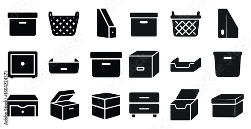 Storage solutions outline icons set – organization, container, tidy symbols