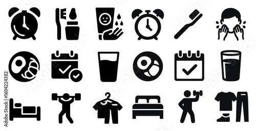 Morning routine solid icons set – filled, hygiene, daily essentials symbols