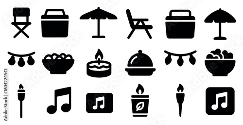 Outdoor party solid icons set – silhouette, filled, celebration and picnic symbols