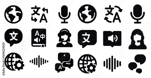 Language and communication solid icons set – flat, filled, translation and chat symbols