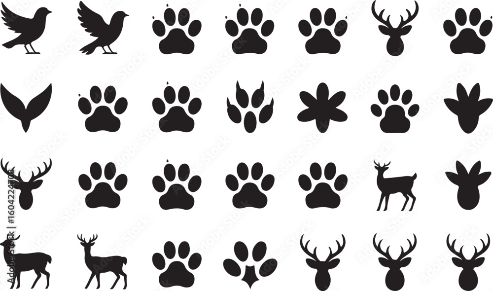 Fototapeta premium Collection of wildlife silhouettes featuring birds paw prints and deer antlers