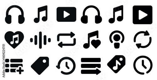 Music and audio solid icons set – filled, playlist, sound and rhythm designs