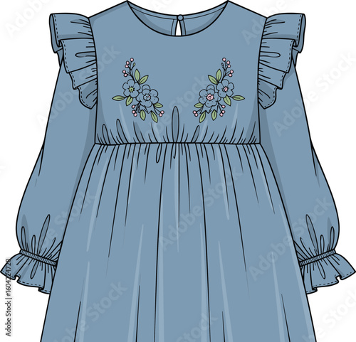 Blue embroidered long sleeve dress illustration, floral detail fashion template, ruffled collar elegant garment, stylish women’s outfit design, apparel sketch for clothing concept