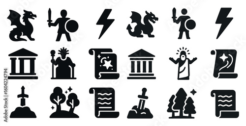 Mythical and fantasy silhouette icons set – solid, filled, magic and legendary symbols