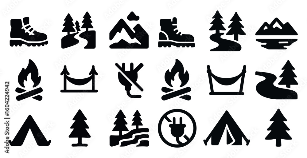Naklejka premium Nature and camping solid icons set – filled outdoor adventure and hiking symbols