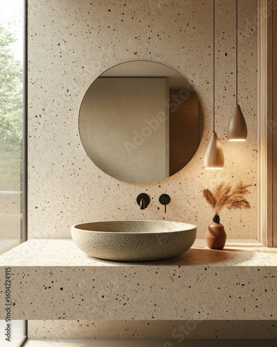 Green stone round vessel sink placed on a counter with a terrazzo wall, complemented by an oval mirror and pendant lights. Minimalist bathroom interior design, Generative AI