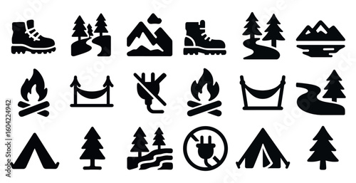 Nature and camping solid icons set – filled outdoor adventure and hiking symbols