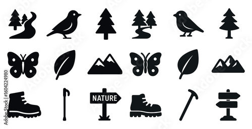 Nature and wildlife silhouette icons set – solid, filled, outdoor exploration symbols