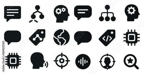 Communication and networking solid icons set – filled, digital, technical symbols