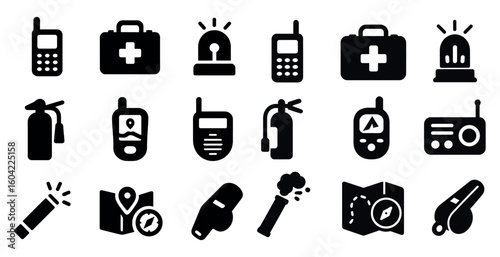 Emergency and safety icons set – solid, filled, first aid and rescue symbols