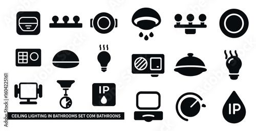 Bathroom essentials solid icons set – sleek, filled, home interior symbols