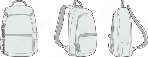 Versatile backpack illustration, front, side, back views, travel gear concept, school bag sketch design, outdoor functional accessory artwork, stylish and durable apparel template