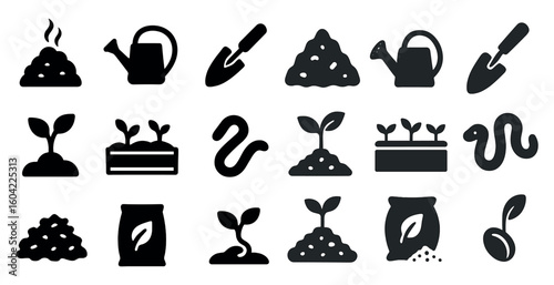 Gardening and agriculture solid icons set – flat, filled, planting symbols