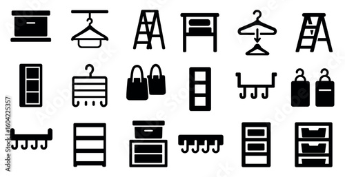 Home storage solid icons set – organization, space, declutter solutions
