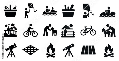 Family fun silhouette icons set – flat, filled, recreational and leisure symbols