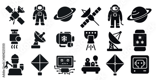 Space exploration solid icons set – filled, silhouette, cosmic and astronaut symbols