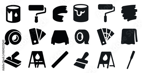 Painting and decorating solid icons set – tools, renovation, home improvement symbols
