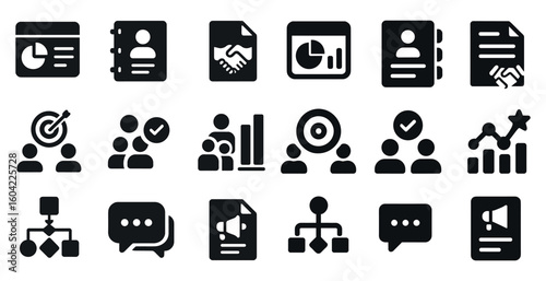 Business and marketing icons set – solid, filled, corporate and strategy symbols
