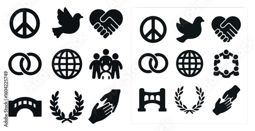 Peace and unity silhouette icons set – solid, filled, harmony, connection symbols