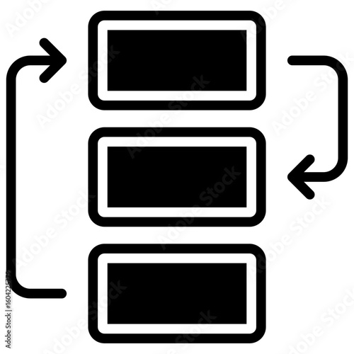 Workflow Loop Glyph Black Silhouette Vector Design - Three stacked rectangles with looping arrows, representing iterative workflow or process cycle