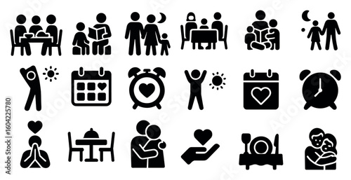 Family and lifestyle icons set – solid, silhouette, daily life symbols