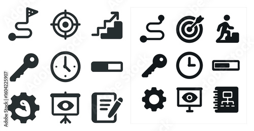 Business and productivity solid icons set – flat, filled, work and efficiency tools