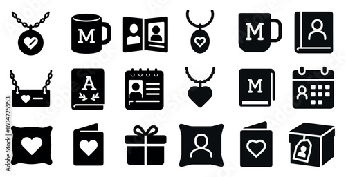 Relationship and family solid icons set – love, connections, heart symbols