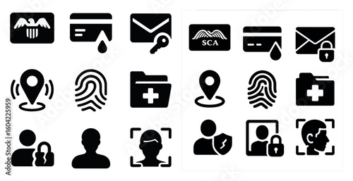 Cybersecurity and identification solid icons set – filled, protection, digital symbols
