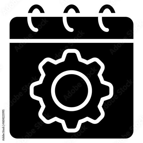 Schedule Setting Glyph Black Silhouette Vector Design - Calendar with gear, representing task scheduling, planning, or configuration of time-based operations