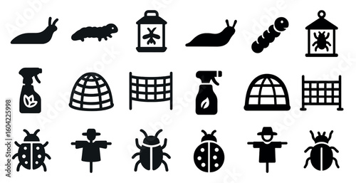 Garden insects solid icons set – filled, silhouette, pest control visuals