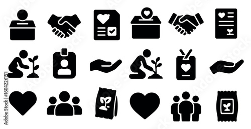 Volunteer and community solid icons set – filled, charity and social engagement symbols