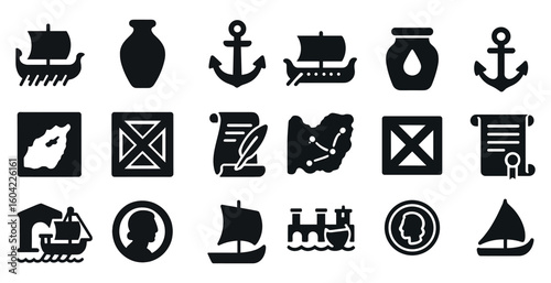 Ancient nautical solid icons set – filled, maritime, historical symbols