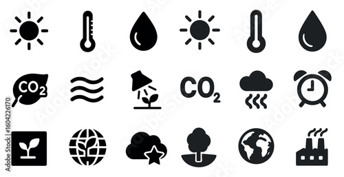 Climate and environment outline icons set – line, silhouette, sustainability symbols