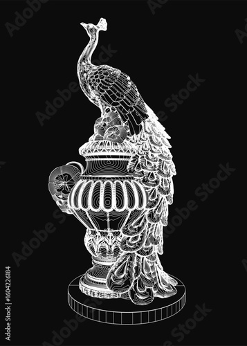 A majestic peacock with intricate contour details perches atop an elegant vase, its feathers displayed in full splendor. The black and white drawing contrasts sharply against the dark background.