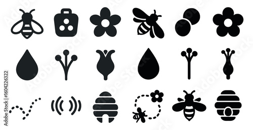 Nature and honeybee silhouette icons set – flat, solid, nature and apiary symbols