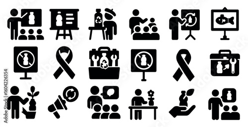 Healthcare education solid icons set – filled, medical training, health symbols