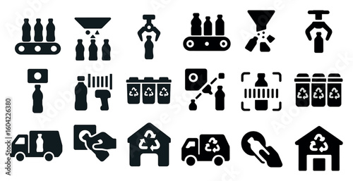 Recycling and waste management solid icons set – filled, eco, environment symbols