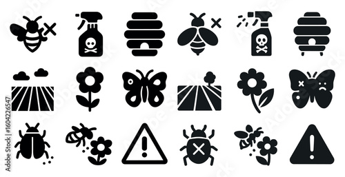 Pest control silhouette icons set – solid, filled, infestation and extermination signs