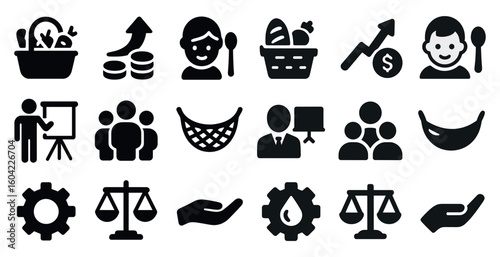 Business and financial solid icons set – economy, corporate, management graphics