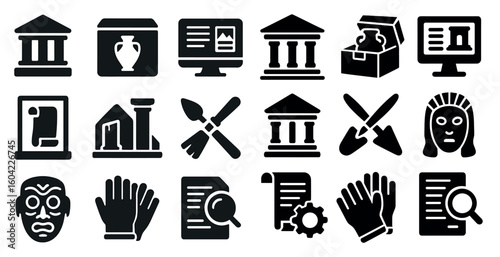 Archaeology and history solid icons set – museum, artifact, excavation symbols