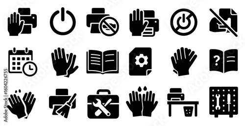 Office equipment solid icons set – filled, flat, office tools and gadgets