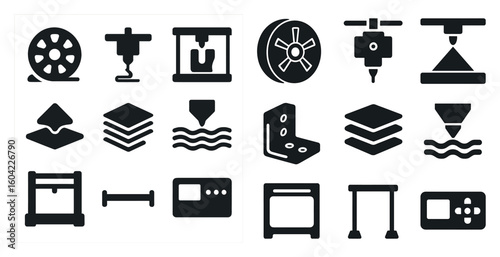 3d printing icons set – isometric, silhouette, technology and design symbols