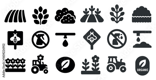 Agriculture and farming solid icons set – flat, filled, nature and crop symbols