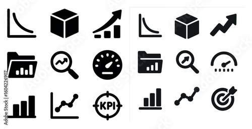 Business and finance solid icons set – filled, analytics, data visualization graphics