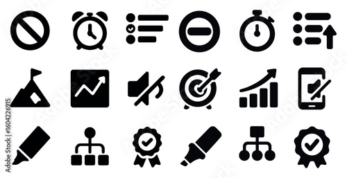 Business and productivity solid icons set – silhouette, filled, efficiency symbols