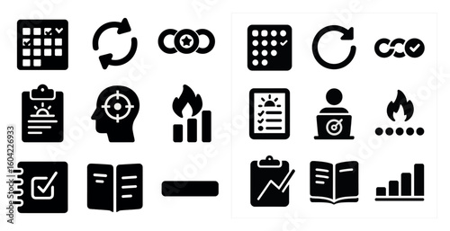 Business and strategy solid icons set – graphic, filled, analysis symbols