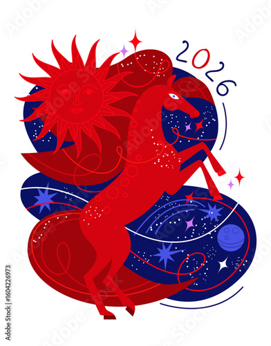 The magic horse is the symbol of the year 2026, with the sun in its mane. A red horse stands on its hind legs against a backdrop of the night sky. Stock vector illustration. EPS 10.