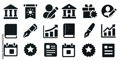 Education and business solid icons set – charts, books, productivity symbols