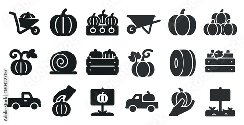 Gardening and harvest silhouette icons set – solid, farming, horticulture symbols
