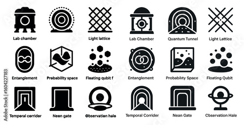 Lab experiment silhouette icons set – solid, quantum, research lab symbols